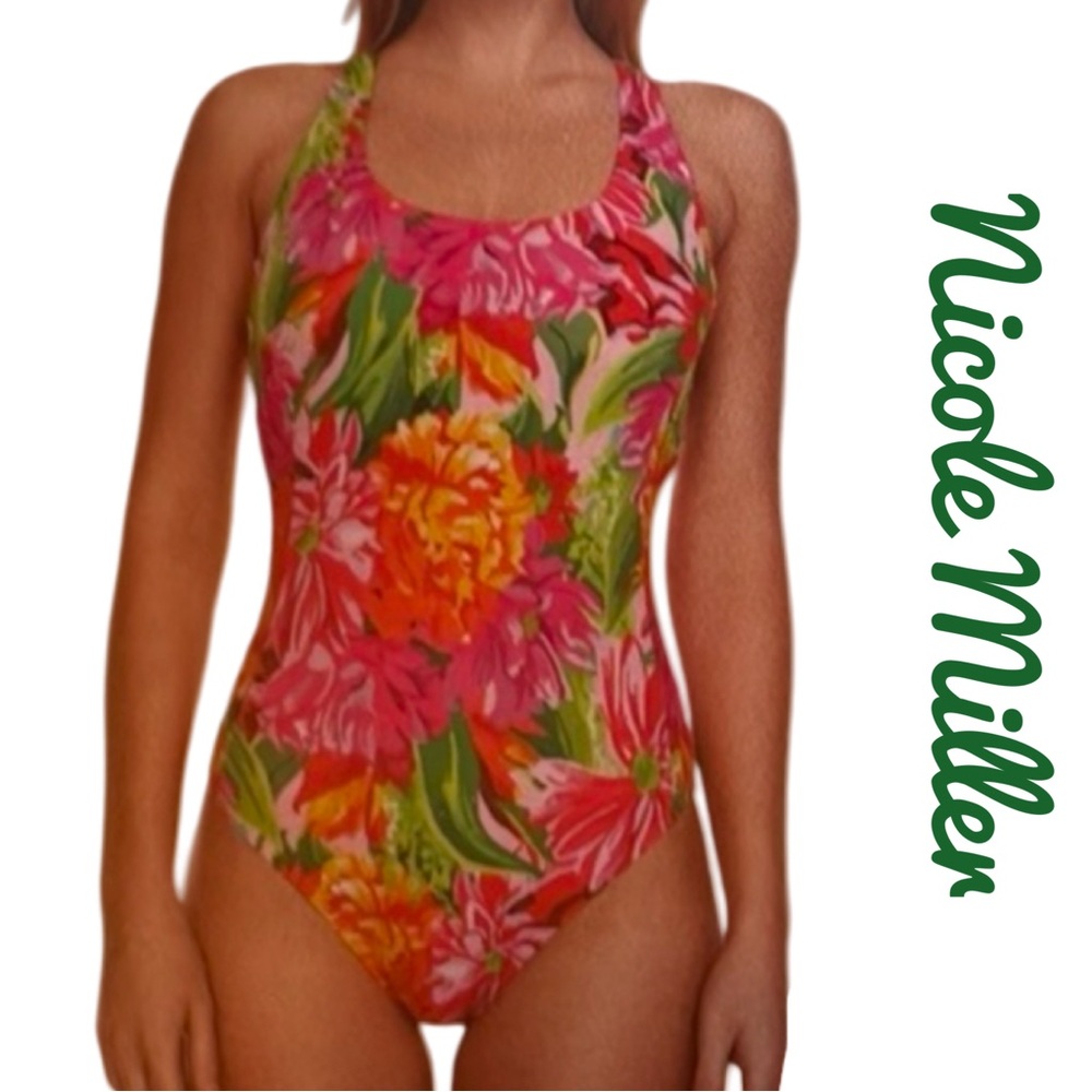 Nicole Miller Racer Back Malibu Bloom One Piece Swimsuit Size XL
